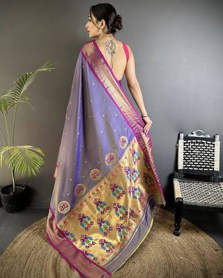 purple lichi silk blend peacock ethnic motifs zari woven paithani saree 3