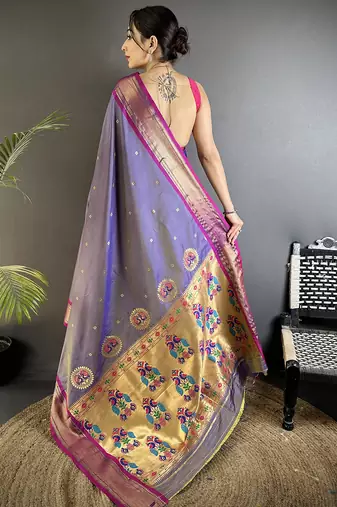 purple lichi silk blend peacock ethnic motifs zari woven paithani saree
