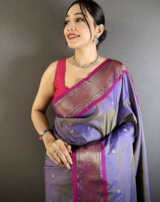 purple lichi silk blend peacock ethnic motifs zari woven paithani saree 4