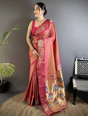 peach lichi silk blend peacock ethnic motifs zari woven paithani saree 1