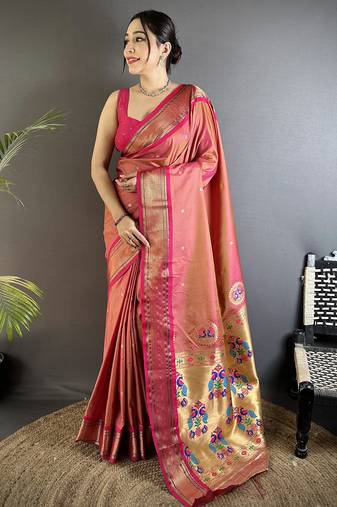 peach lichi silk blend peacock ethnic motifs zari woven paithani saree
