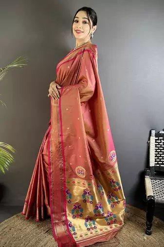 peach lichi silk blend peacock ethnic motifs zari woven paithani saree