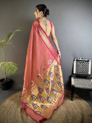 peach lichi silk blend peacock ethnic motifs zari woven paithani saree 3