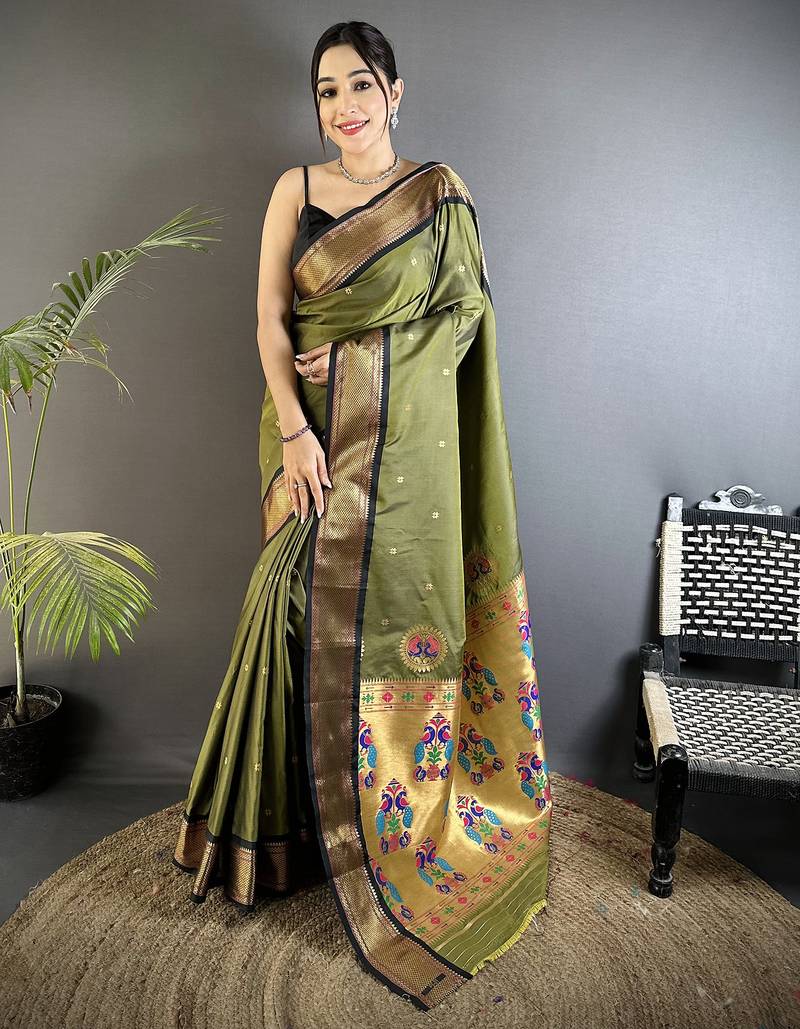 mehandi green lichi silk blend peacock ethnic motifs zari woven paithani saree