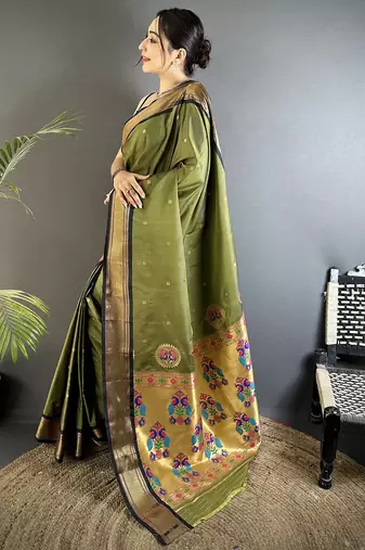 mehandi green lichi silk blend peacock ethnic motifs zari woven paithani saree