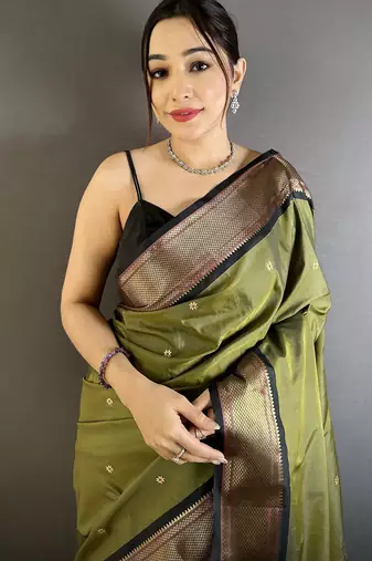 mehandi green lichi silk blend peacock ethnic motifs zari woven paithani saree