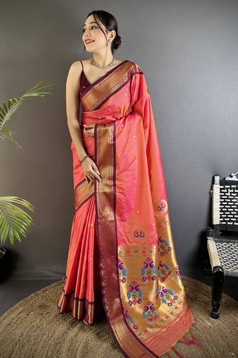 gajari lichi silk blend peacock ethnic motifs zari woven paithani saree