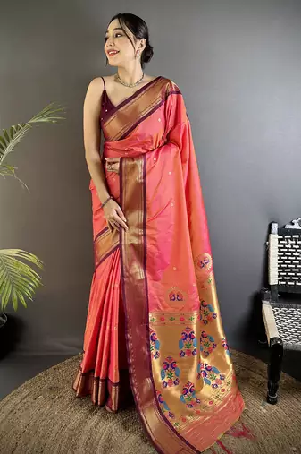 gajari lichi silk blend peacock ethnic motifs zari woven paithani saree