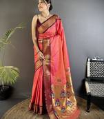 gajari lichi silk blend peacock ethnic motifs zari woven paithani saree