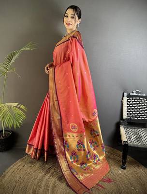 gajari lichi silk blend peacock ethnic motifs zari woven paithani saree 2