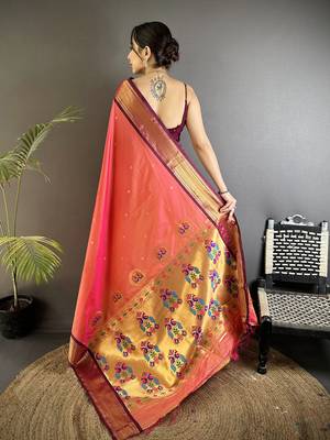 gajari lichi silk blend peacock ethnic motifs zari woven paithani saree 3