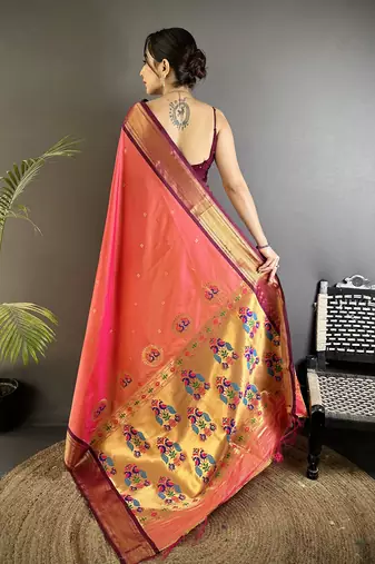 gajari lichi silk blend peacock ethnic motifs zari woven paithani saree