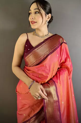 gajari lichi silk blend peacock ethnic motifs zari woven paithani saree