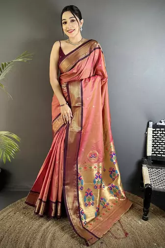onion pink lichi silk blend peacock ethnic motifs zari woven paithani saree