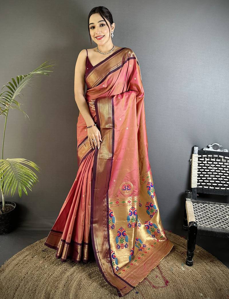 onion pink lichi silk blend peacock ethnic motifs zari woven paithani saree