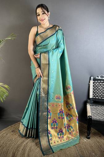 sea green lichi silk blend peacock ethnic motifs zari woven paithani saree