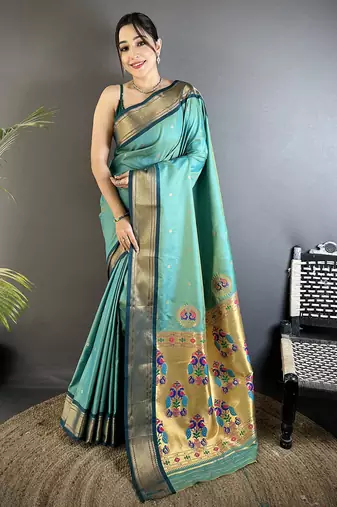 sea green lichi silk blend peacock ethnic motifs zari woven paithani saree