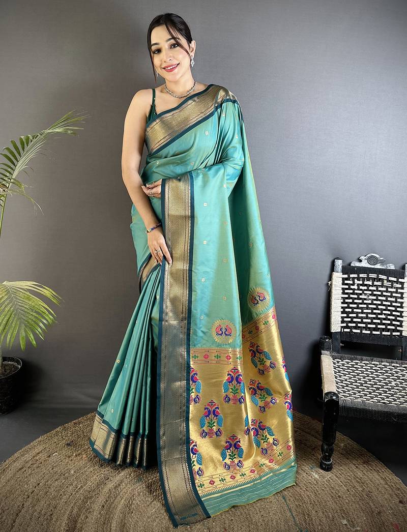 sea green lichi silk blend peacock ethnic motifs zari woven paithani saree