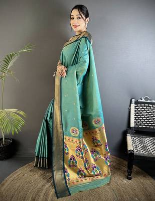 sea green lichi silk blend peacock ethnic motifs zari woven paithani saree 2