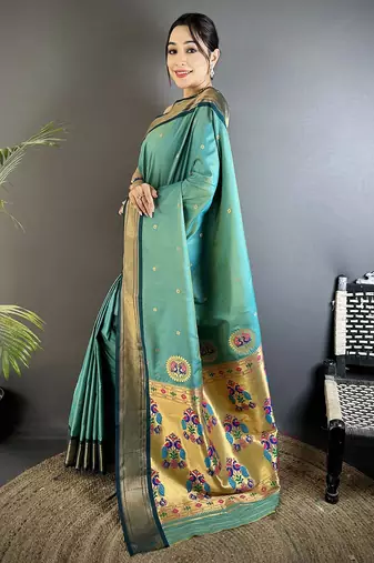 sea green lichi silk blend peacock ethnic motifs zari woven paithani saree