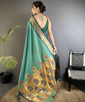 sea green lichi silk blend peacock ethnic motifs zari woven paithani saree 3