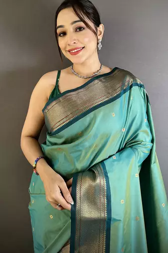 sea green lichi silk blend peacock ethnic motifs zari woven paithani saree