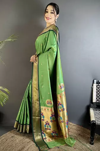 green lichi silk blend peacock ethnic motifs zari woven paithani saree