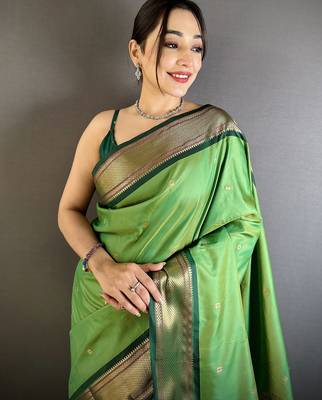 green lichi silk blend peacock ethnic motifs zari woven paithani saree 4