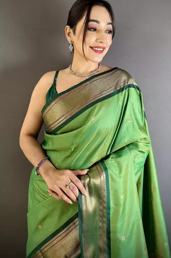 green lichi silk blend peacock ethnic motifs zari woven paithani saree