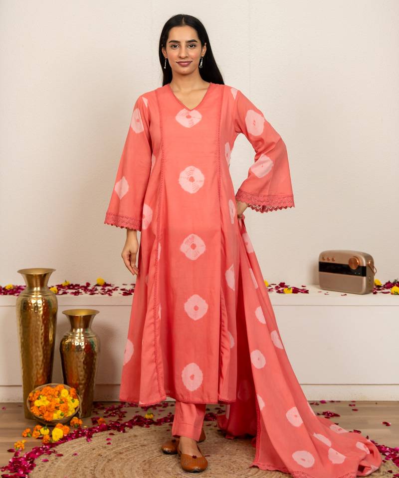 Pink tie & dye cotton suit set of 3