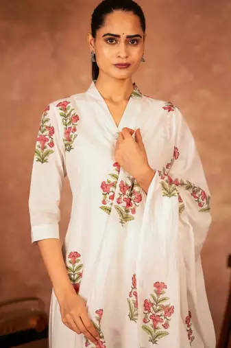 pink cotton salwar kameez set with off white hand block print