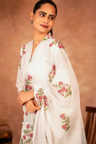 pink cotton salwar kameez set with off white hand block print