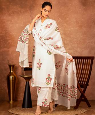 pink cotton salwar kameez set with off white hand block print 6