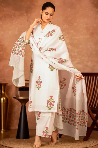 pink cotton salwar kameez set with off white hand block print