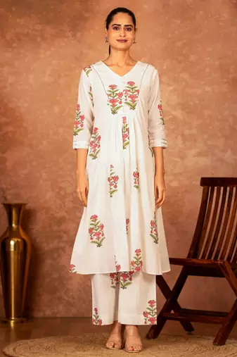 off white pink hand block printed cotton salwar kameez