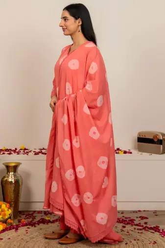 pink tie & dye cotton salwar kameez set with lace detailing