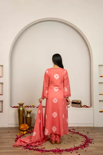 pink tie & dye cotton salwar kameez set with lace detailing