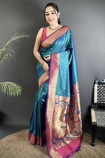 teal blue lichi silk blend peacock motifs zari weaving paithani saree