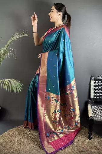 teal blue lichi silk blend peacock motifs zari weaving paithani saree