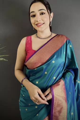 teal blue lichi silk blend peacock motifs zari weaving paithani saree