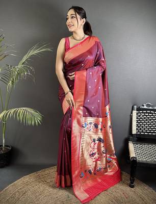 wine lichi silk blend peacock motifs zari weaving paithani saree 1