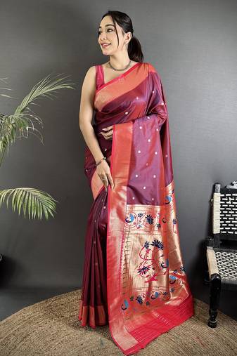 wine lichi silk blend peacock motifs zari weaving paithani saree
