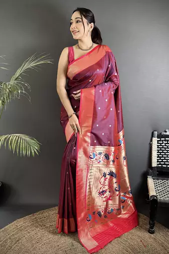 wine lichi silk blend peacock motifs zari weaving paithani saree