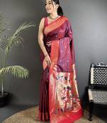 wine lichi silk blend peacock motifs zari weaving paithani saree