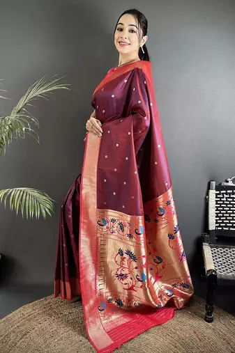 wine lichi silk blend peacock motifs zari weaving paithani saree