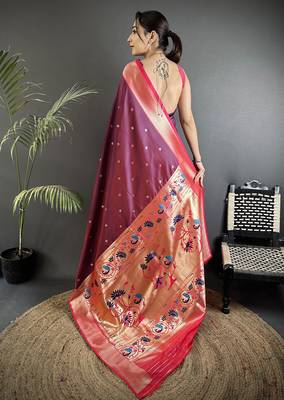 wine lichi silk blend peacock motifs zari weaving paithani saree 3