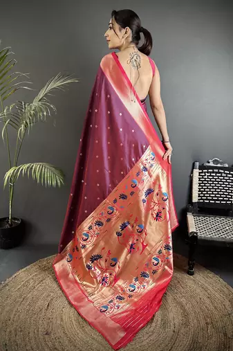 wine lichi silk blend peacock motifs zari weaving paithani saree
