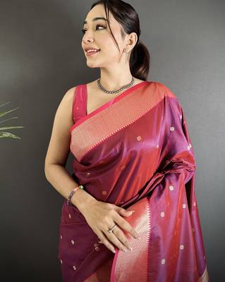 wine lichi silk blend peacock motifs zari weaving paithani saree 4