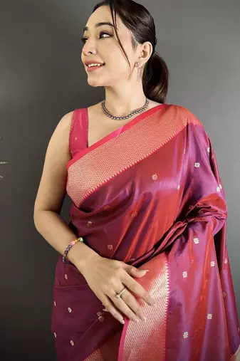 wine lichi silk blend peacock motifs zari weaving paithani saree