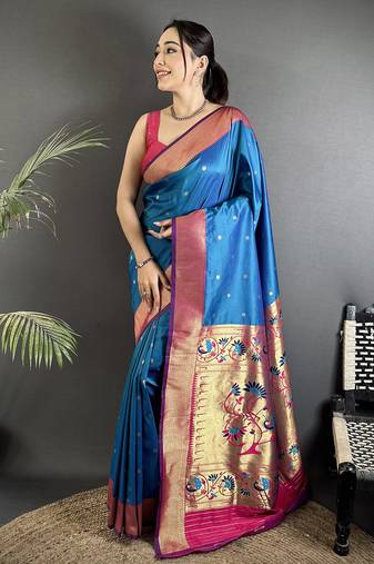 rama blue lichi silk blend peacock motifs zari weaving paithani saree